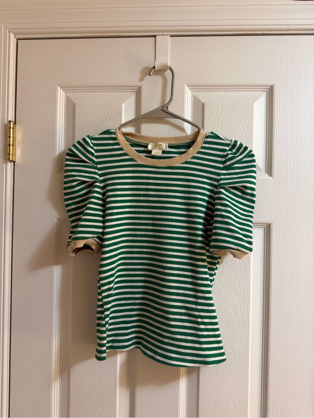 Maeve Green & White Striped Puff-Sleeve Ribbed Top
